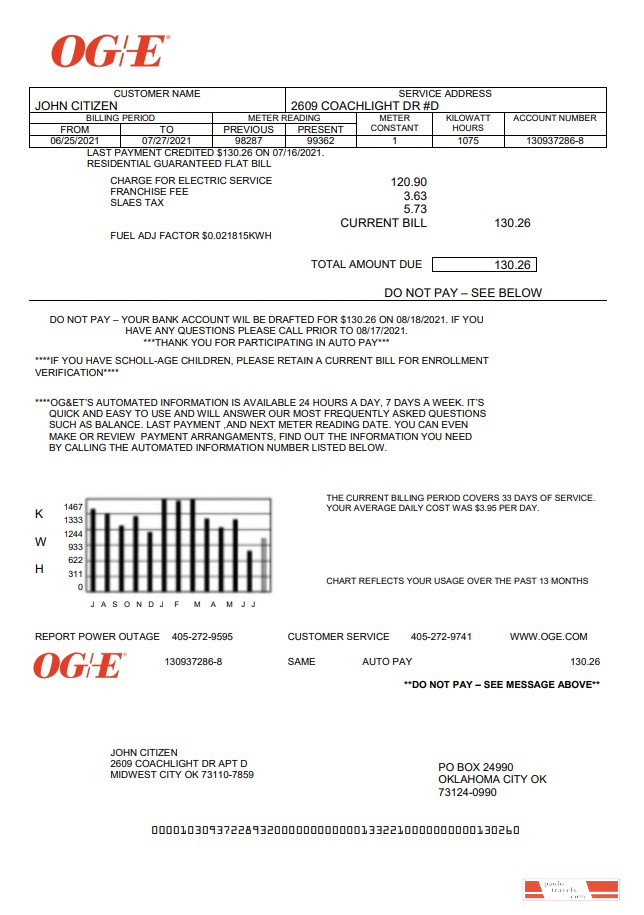 USA Oklahoma OGE Energy utility bill template in Word and PDF